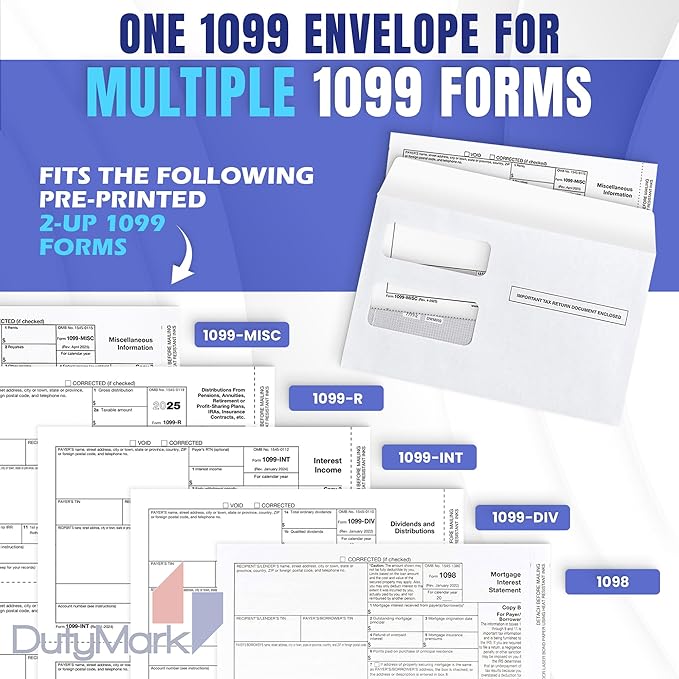 50 1099 Tax Envelopes Self-Seal Designed for printed 1099 Laser Forms - MISC - 1098-1099 R - DIV - INT, Double-Window Security For Quickbooks or Tax Software - 5 5/8 Inch x 9 Inch, 50 Envelopes