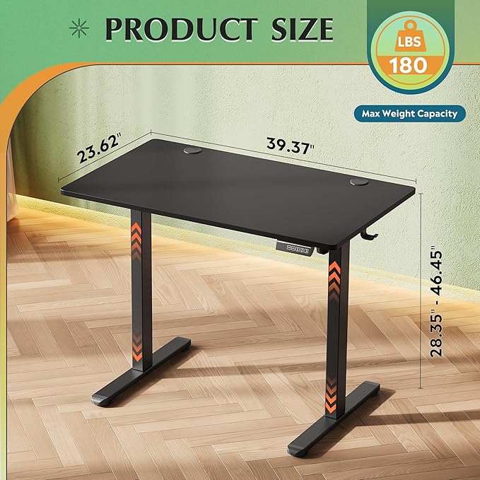 DEVAISE Whole Piece Standing Desk, 40 x 24 Inch Electric Standing Desk with Adjustable Height, 3-Preset Memory Sit Stand up Desk, One Piece Desktop Computer Desk for Home, Office (Black)