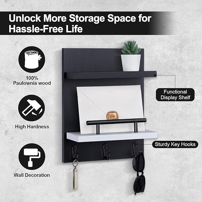 Key Holder Wall Mount, Key Holder With 2 Display Shelf, 3 Hooks for Key, Coat, Dog Leash, Key Hanger with Hook for Mail, Potted Plant, Farmhouse Mail Holder, Entry Way Organizer (Black & White)