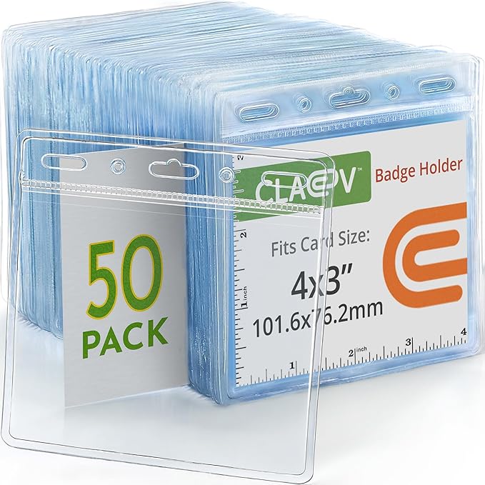 Claev - Horizontal Flexible and Tear Resistant Card Protector - Clear, 4x3 Inch, 50 Pack - Large Easy Open Plastic ID Name Badge Holders for Conferences, Conventions, Offices & Schools