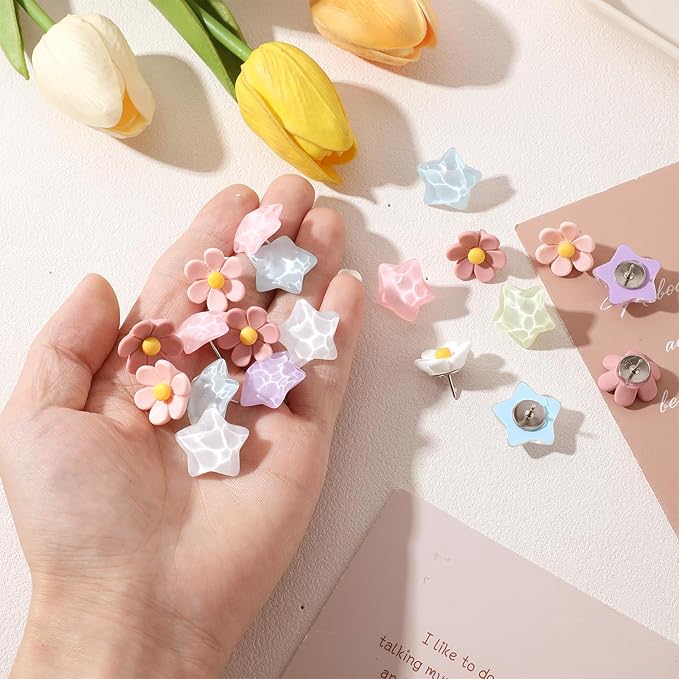 Sibba Thumb Tacks 30 PCS Colorful Cute Push Pins for Bulletin Board Star-Shaped Thumbtacks Decorative Flower Thumbtacks for Office Home and School Cork Board Cubicle Wall Accessories (Rainbow Colors)