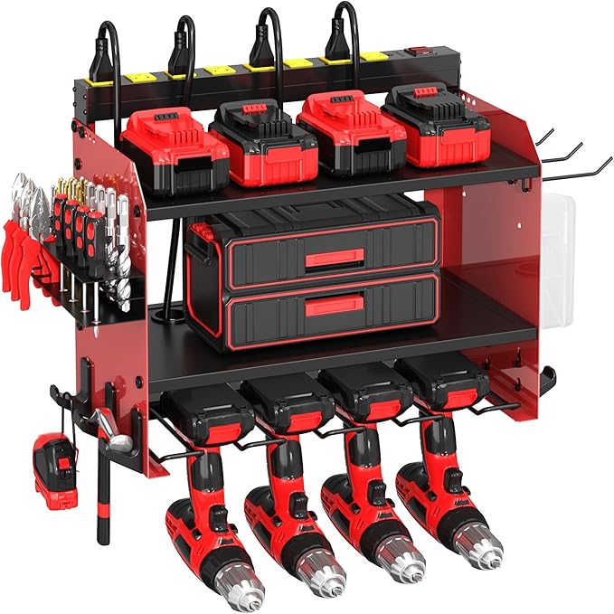 CFMASTER Power Tool Organizer Wall Mount wtih Charging Station,4 Drill Holder Wall Mount with 8 Outlet Power Strip,3 Layers Heavy Duty Tool Rack with Hooks,Screwdriver Organizer in Workbench,Garage