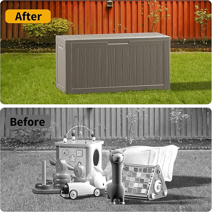 Decksplore Outdoor Storage Box Waterproof, Lockable Resin 80 Gallon Deck Box Patio Storage Bin for Pool Accessories Cushion Furniture, Garden Tools, UV-Resistant Outside Delivery, Grey