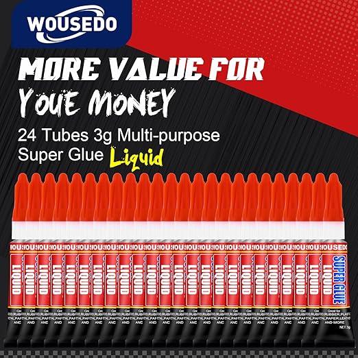 WOUSEDO 24 X 3g Super Glue Liquid, Clear Strong Adhesive,Fast Drying Cyanoacrylate Glue for Wood, Rubber, Leather, Hard Plastic, Metal, DIY Crafts and More
