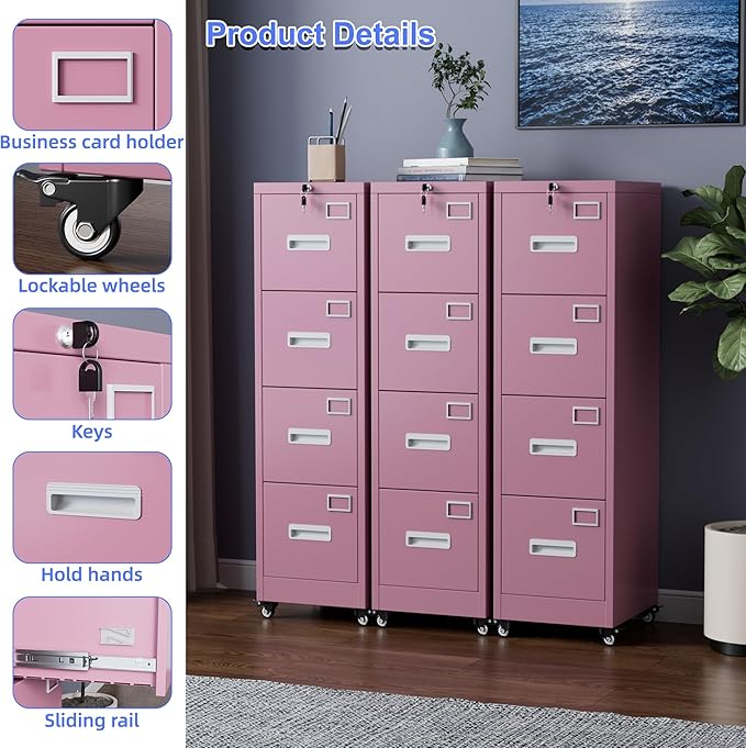METAN 4 Drawer File Cabinet on Wheels, Lockable Metal Filing Cabinet with Handle and Name Card for Office Home,Assembly Required,Pink