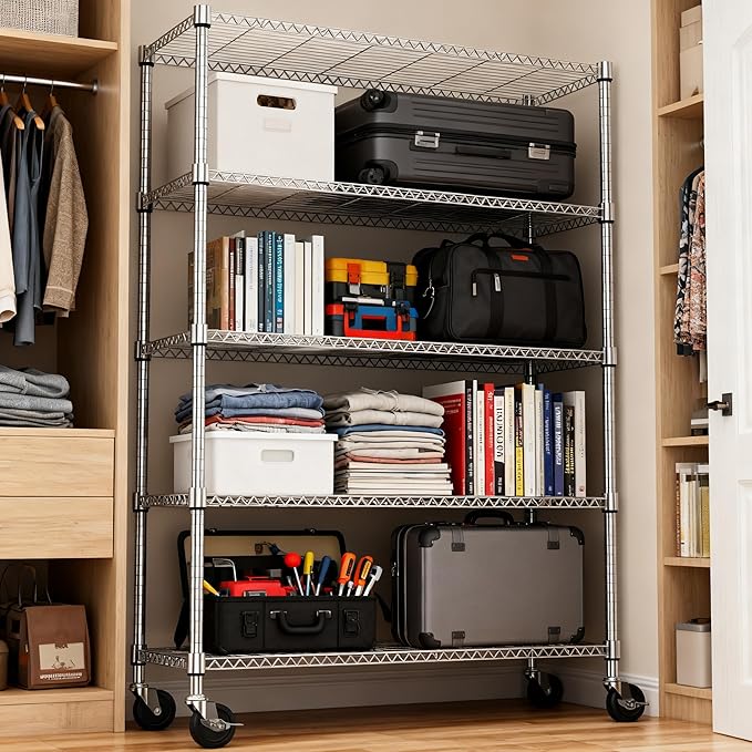 M MZG 5 Tiers Shelf 1750 lbs Steel Storage Shelving Utility Shelving Unit Steel Organizer Wire Rack for Home,Kitchen,Office,Garage Chrome 17.7" D x 47.2" W x 76.8" H