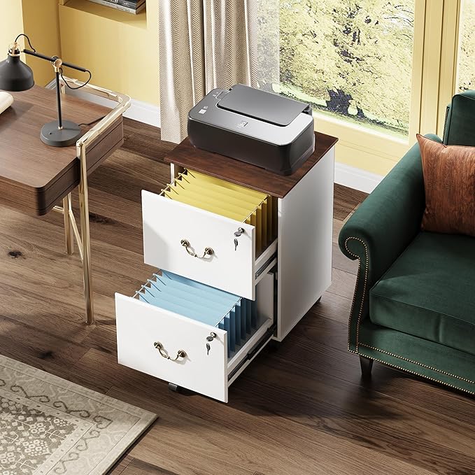 DEVAISE File Cabinet 2-Drawer, Small Office Furniture with Lock, Rolling Under Desk Filing Cabinet for Home Office, White