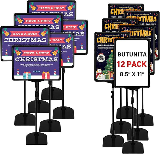 Sign Holder, BUTUNITA Adjustable Sign holder stand 8.5 x 11 Inch for Supermarket Floor Table, Tabletop Sign Holder Floor Stand, Small Table Sign Stand Holder, Vertical & Horizontal View Displayed, Sign Poster Stand (Black,12Pcs)