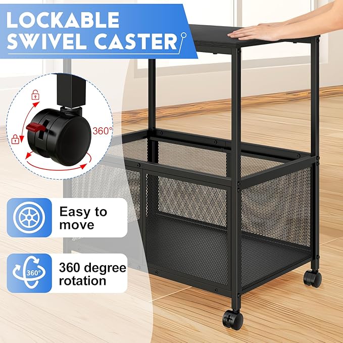 Sbanmao Rolling File Cart, Mobile Hanging File Cabinet with Wheels, Filing Cabinet Organizer Printer Stand File Organizer File Cabinet for Home Office, Black (120~150 Letter-Size Files)