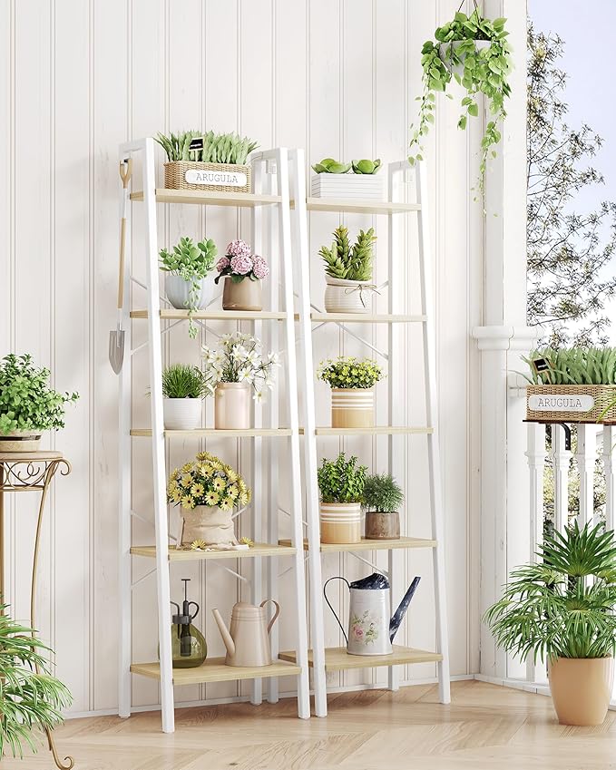 Hzuaneri Ladder Shelf, Bookshelf Bookcase, Freestanding Corner Storage Shelve with 2 Hooks for Home Office, Living Room, Kitchen, Bedroom, Industrial, 11.8" D x 17.3" W x 63" H, White Oak and White
