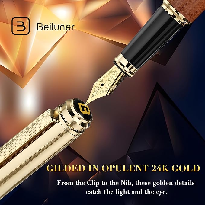 BEILUNER 316 Fountain Pen,Stunning Luxury Rosewood,24K Gilded Nib(Fine),Gorgeous 24K Gold Finish, Ink Converter,Nice Gift for Men&Women-Elegant,Executive,Christmas Pens for Writing