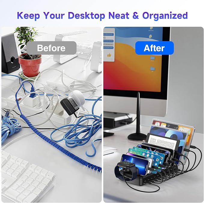 285W Charging Station for Multiple Devices, 10 Ports Fast Multi-Device Charger Organizer Compatible with MacBook Pro Laptop, iPhone, Android, Ipad, Tablet, Kindle, Multi-Device Charging Dock（Black）