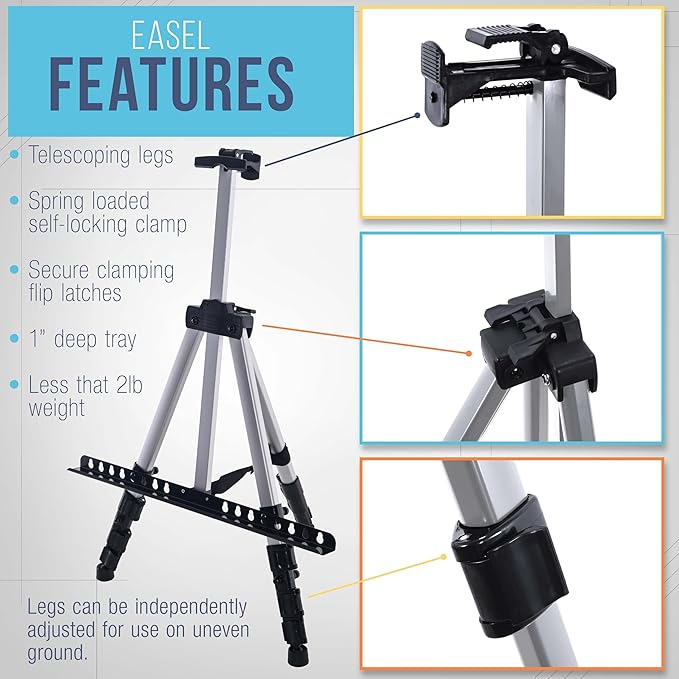 U.S. Art Supply 66" Silver Metal Tripod Easel Display (2 Pack) - Adjustable 18"- 5.5', Holds 36" Canvas - Floor/Tabletop Easel Stand, for Sign Display, Painting, Poster Board, Canvas - Portable Bag