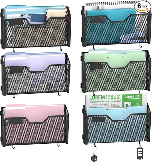 SUPEASY 6 Single Mail Organizer Wall Mounted, Wall File Organizer, Hanging File Organizer with Hooks, Mail Oganizer Binder Holder for Home Office (with 14 Adhesive Hooks)