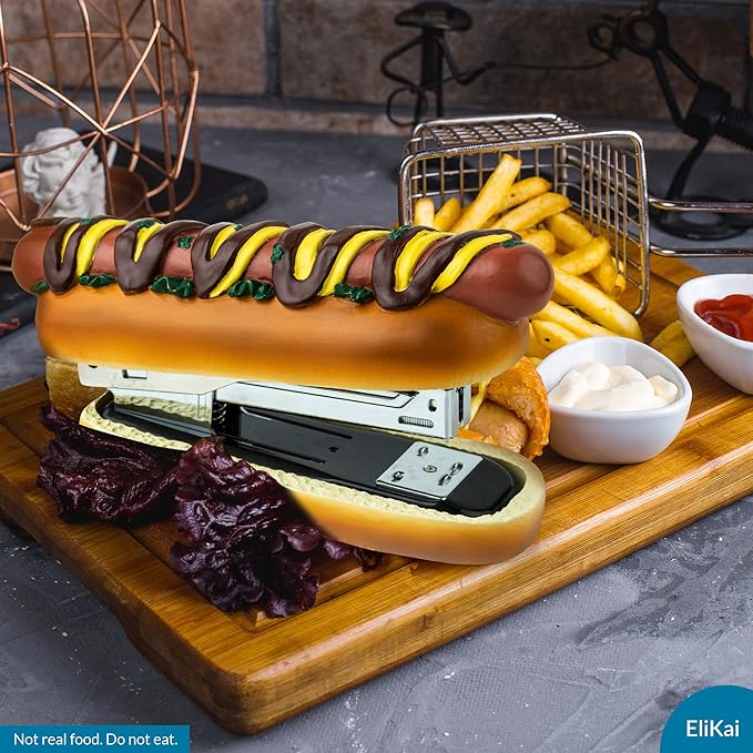 ELIKAI Hot Dog Stapler, Funny Gifts for Teachers and Principals, Unique Desk Accessory, Ideal Back-to-School Gift for Classroom or Teacher Lounge Decor, Includes 1000 Staples, Brown, 7 oz