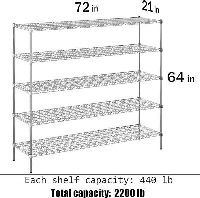 Regal Altair 21" Deep x 72" Wide x 64" Height Wire Shelving Kit | 5-Tier | NSF Commercial Storage Rack Unit
