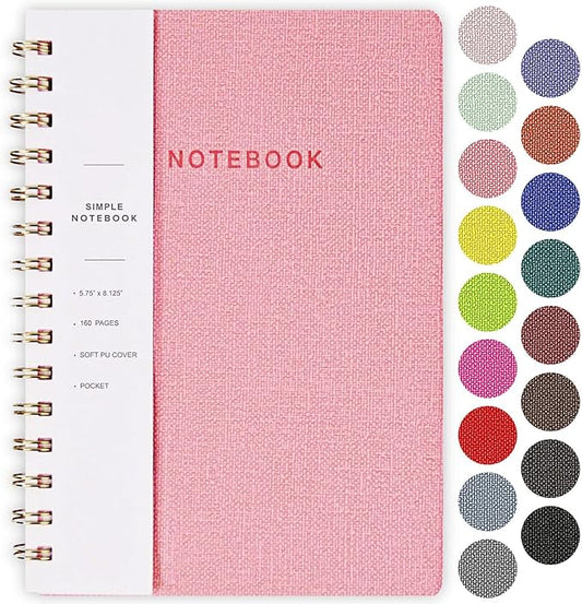 Oneirom Spiral Notebook, Pink Notebook-6.1x8.2 Inch College Ruled Journal with Inner Pockets and 160 Pages, PU Leather Cover Business Journal, Twin-Wire Binding Notebook Perfect for Office & Home