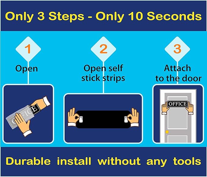 The Office sign for door or wall — Main office signs — quick easy installation — self adhesive for doors or walls — 9 X 3 in office signage for home and Business sign — White Big letters on black plate (Raised/ Black White)