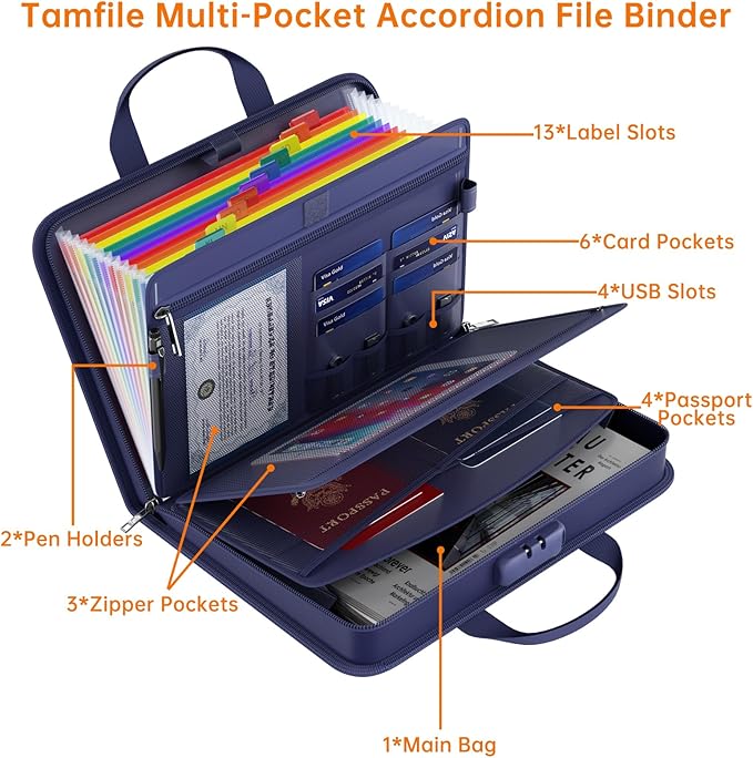 5200℉ Fireproof Accordion File Organizer with Lock, Thickened Document Organizer 13 Colorful Pocket with Labels, Important Document Organizer, Expanding File Folder with Handle for Letter A4 (Blue)
