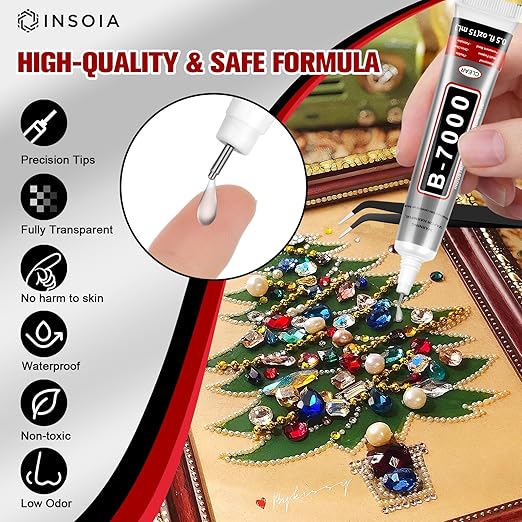 B7000 Rhinestone Glue Clear 16 PCS 15ml – Strong Transparent No Trace Jewelry Glue with Precision Tip, Quick Dry Multi-Purpose Adhesive for Making Nail Makeup Fabric Shoes Craft Phone Repair