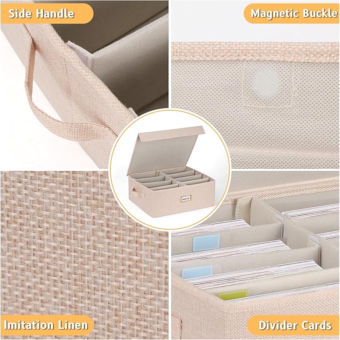Erogeen Decorative Photo Storage Box with lid 4x6, 8 Inner Photo Organizer with Dividers, Memory Storage Box for Pictures, Stamps, Keepsakes (Beige)