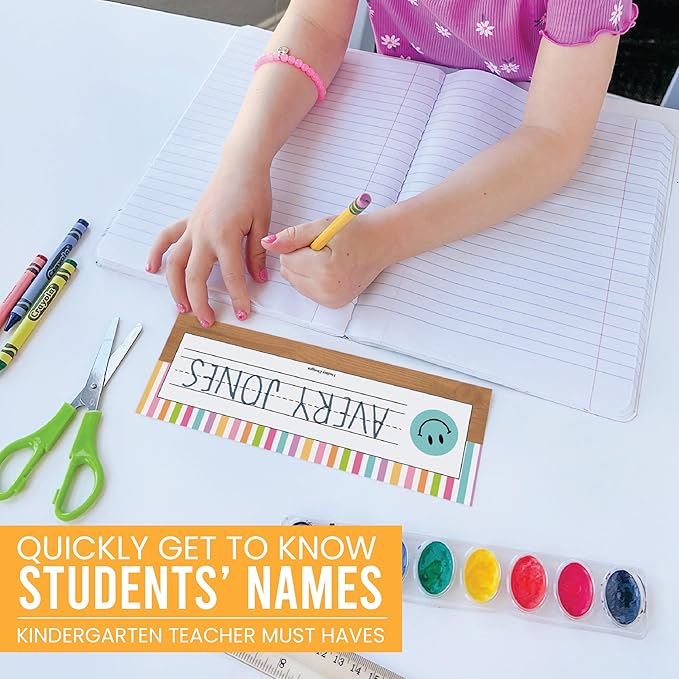 Desk Name Tags for Classroom -25 Student Name Plates for Classroom Kindergarten, Preschool, 1st, 2nd & 3rd Grade, 9x3 Teacher Nameplates for Student Desks & Cubbies, Smiley Nametags