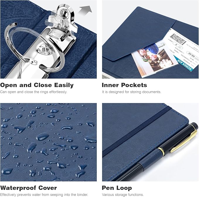 Ospelelf Vintage Hardcover 3 Ring 1 inch Leather Binder, Professional Binders Organizer Suitable for Letter Size Documents, Binder Dividers with Tabs, Faux Dark Blue Leather