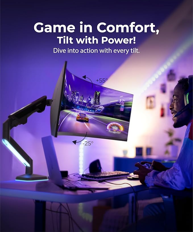 Modernsolid Heavy Duty Ultrawide Monitor Arm with RGB Lighting & USB Charging, Fits 34 to 49 inch Curved Screens, Supports 14 to 38 lbs, Adjustable Desk Mount, Compatible with Gaming Setup, White