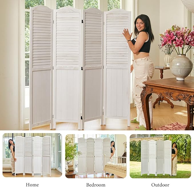 Room Dividers, 5.75Ft Individual Privacy Screens Foldable Wooden Louver & MDF Stable Wall Divider for Home Office Bedroom, 4 Panels (White-Washed)