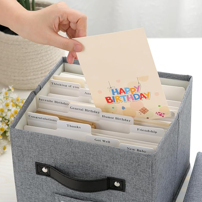 TARSUKA Greeting Card Organizer with dividers - Storage Box with lid Holds 150+ Cards - Assortment Box for Greeting Cards,Recipes, Photos, Envelopes, Keepsake - 9 x 9 x 7 Inches (Gray, 1 pcs)