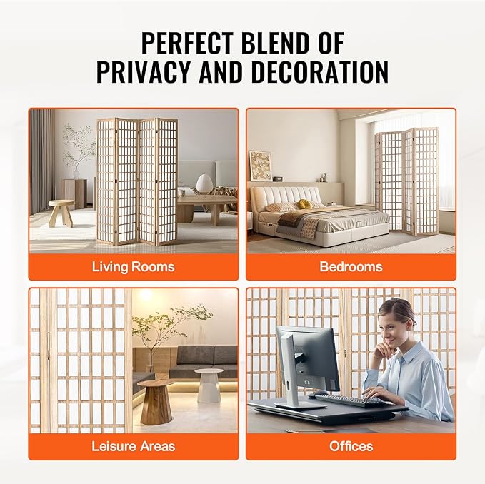 VEVOR Room Divider, 4 Panel Japanese Room Divider, Folding Privacy Screen Indoor, Portable Partition Dividers and Decoration Screens, for Room Separation, Home, Office, Restaurant & Bedroom (Natural)