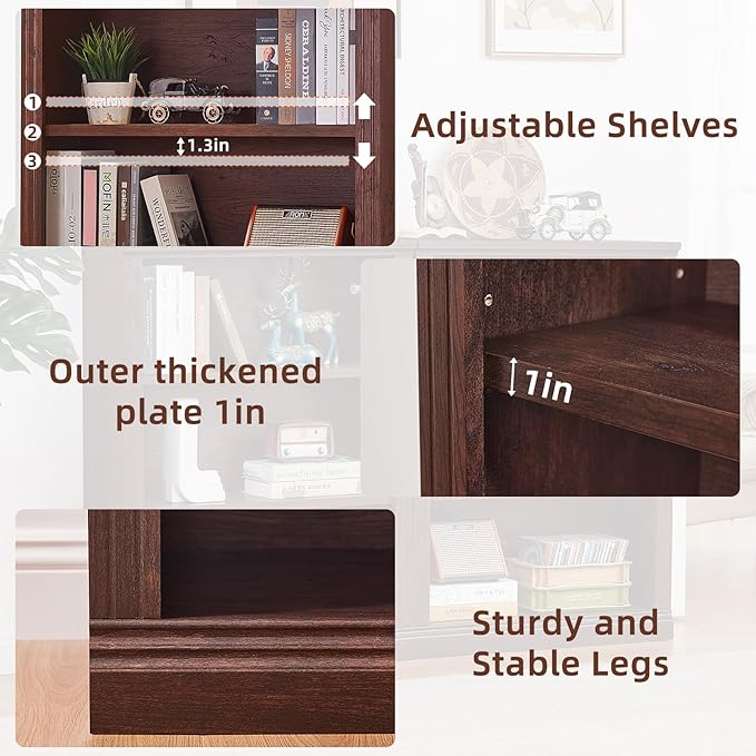 RWYHG 43" Walnut Tall Bookshelf Set of 3,3-Tier Thick Wooden Book Shelf with Adjustable Shelves,Free Standing Farmhouse Bookcase with Open Display Storage,Floor Vintage Bookshelves for Living Room