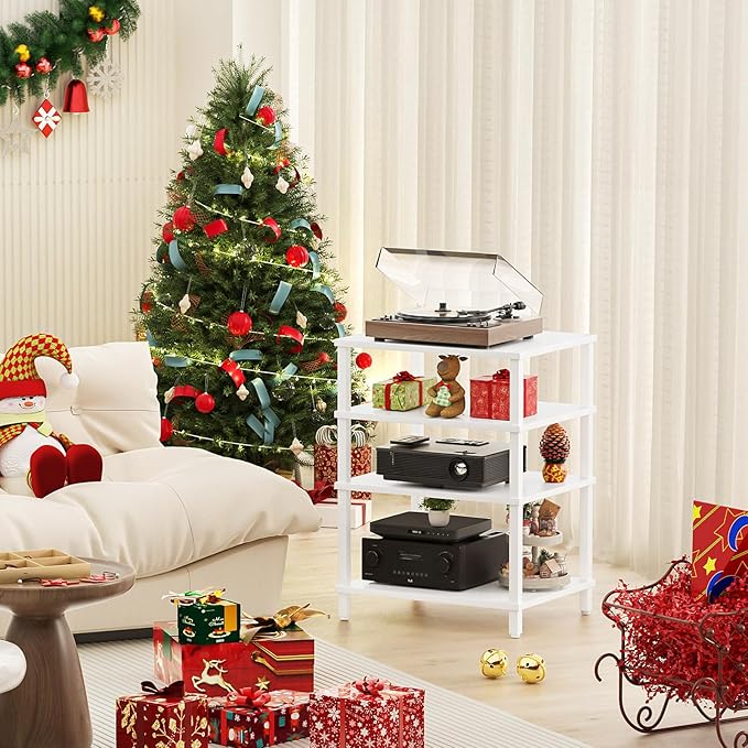 LELELINKY 4-Tier AV Media Player Stand, Stereo Stand, Modern Audio Shelf,Wooden TV Stand,Multifunctional Media Console Shelf, Suitable for Home, Conference Room, White