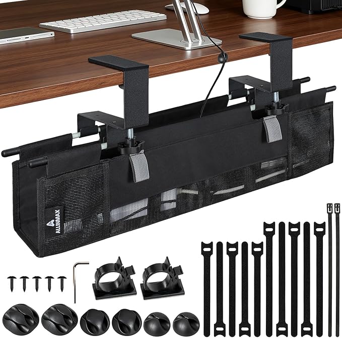 Under Desk Cable Organizer with Mesh Slot for Ventilation, Quick Mount with Clamp or Screws to Hold Fabric Cable Tray, Kit for Tidy Cord & Wire Management for Home Office Standing Desk