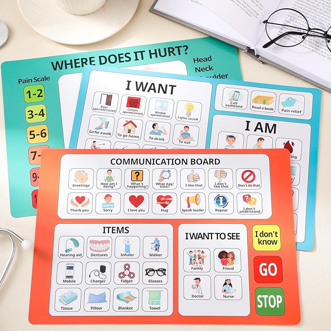 3 Pcs Communication Boards for Non Verbal Adults 11.81 x 8.27 Inches Colorful Picture Symbol Communication Cards Speech Therapy Tools for Autism Aphasia Stroke Patients Hospital Care Home Use