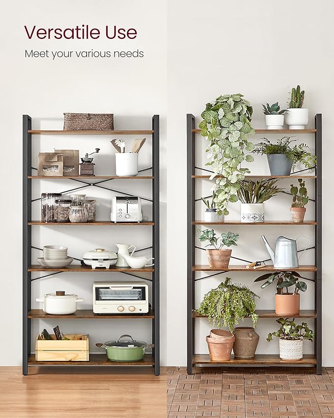 VASAGLE 6-Tier Bookshelf, Bookcase with Steel Frame, Book Shelf for Living Room, Home Office, Study, 11.8 x 31.5 x 73.2 Inches, Industrial Style, Rustic Brown and Ink Black ULLS082B01