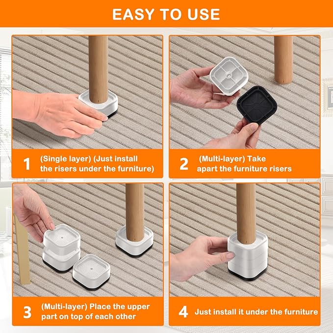 shouwuhho 4 Pack Furniture Risers Adjustable Bed Risers Heavy Duty Lifts Height 1", Square Stackable Bed Risers 1, 2 or 3 Inch for Desk Leg Table Couch Sofa Chair Bed Frame Legs Dorm, White