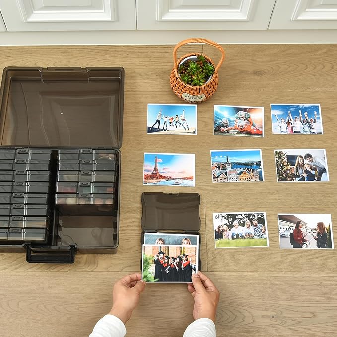 Haundry Photo Storage Box with 16 Inner 4" x 6" Photo Case, Portable Storage Organizer with Handle Craft Keeper for Picture, Stickers, Stamps, Screws, Hair Clips, Black