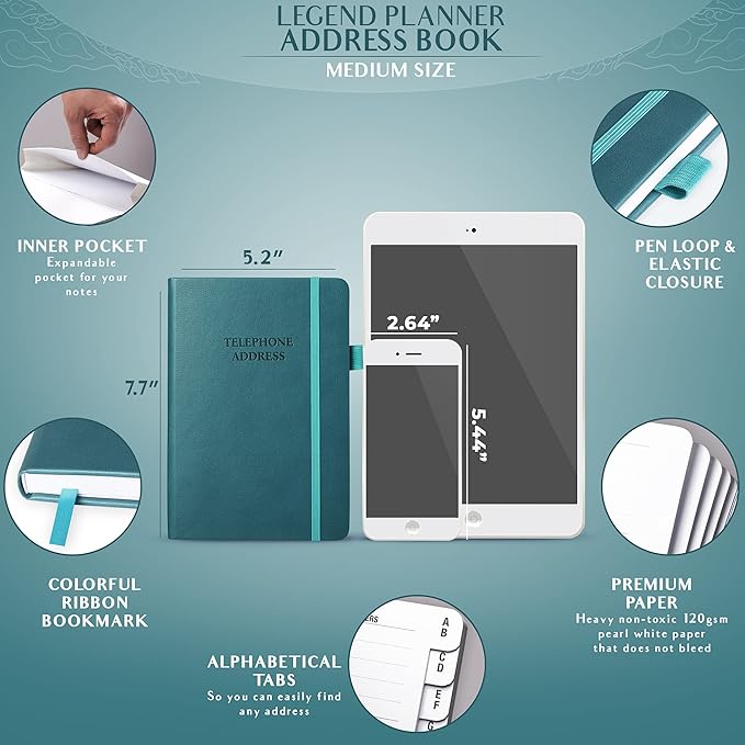 Legend Planner Address Book with Alphabetical Tabs –Telephone Contacts Book for Phone Numbers, Addresses, Passwords, Medium (Dark Teal)