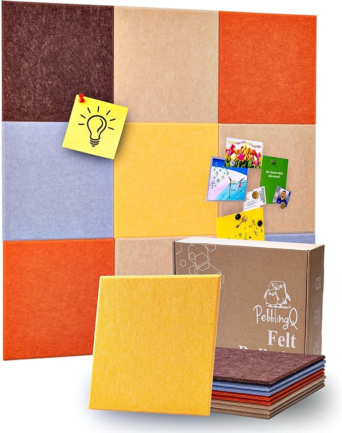 Felt Bulletin Board Wall Tiles, Cork Board Alternative with Removable Adhesive Dots for Walls, Picture Board for Office, Stylish Home, Playroom 11.8"x11.8", 9 Pack (Zesty)