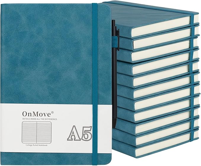 OnMove Notebooks Journal for Women Men 12 Pack Bulk Leather Hardcover with Pen Holder A5 160 Pages 100 GSM Thick Paper for Work School Lined Sky Blue