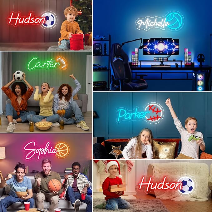 Custom Neon Name Sign Personalized with Football Baseball Soccer Basketball Pattern-Gift Sports Led Neon Lights for Wall Decor Man Cave Boys Girls Kids
