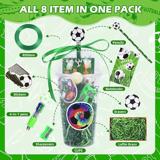 LiYiQ 247 Pcs Soccer Party Supplies Return Gifts for Party, Student Stationery Gifts from Teacher Rewards Prizes, Pencil Erasers Notebooks Stickers for Soccer Classroom Birthday