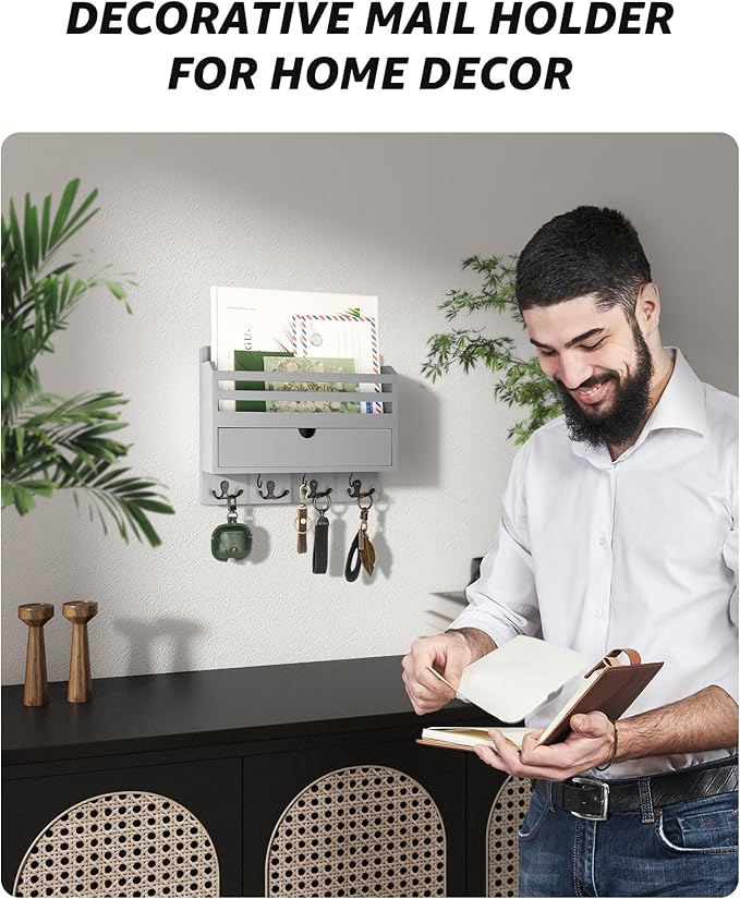Rebee Vision Decorative Mail Organizer Wall Mounted with 7 Key Hooks - Stylish Key and Mail Holder for Wall with Drawer Organizer - Home Decor Aesthetic for Apartment Essentials (Gray)