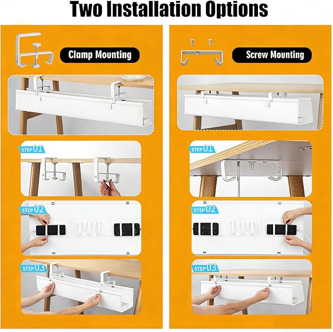Oxford Cloth Under Desk Cable Management Tray,No-Drill 36" Desk Cable Management Organizer with Clip/Screw Installation,Fabric Cable Management for Home,Office & Gaming Computer(White)
