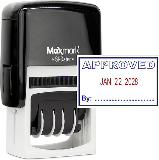 MaxMark Office Self Inking Date Stamp with Phrase Approved - 2 Color Blue/Red Ink