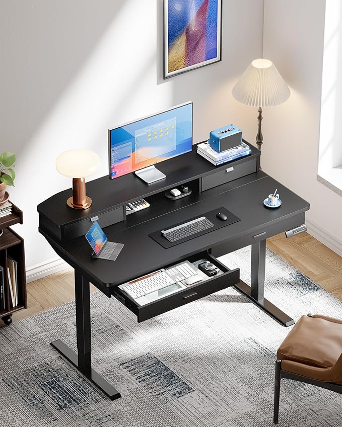 HUANUO 48 x 30 inch Electric Standing Desk with Wood Drawers, Adjustable Height Sit Stand Home Office Desk with Two Tiers, Ergonomic Adjustable Stand up Desk C-Clamp Monitor Mount Compatible, Black