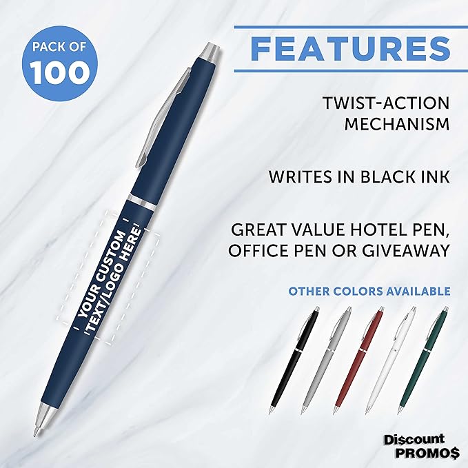 DISCOUNT PROMOS Custom Langham Ballpoint Pens Set of 100, Personalized Bulk Pack - Black Ink, Great for Office, School, Business, Tradeshows - Navy Blue