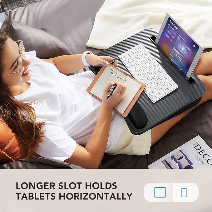HUANUO Lap Laptop Desk - Portable Lap Desk with Pillow Cushion, Fits up to 15.6 inch Laptop, with Anti-Slip Strip & Storage Function for Home Office Students Use as Computer Laptop Stand - Black