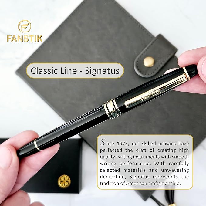 FANSTIK, Customized Fountain pen with name (MADE IN USA), stainless steel, black and gold, luxury engraved pen personalized for men and for women. (Fountain Black-Gold)
